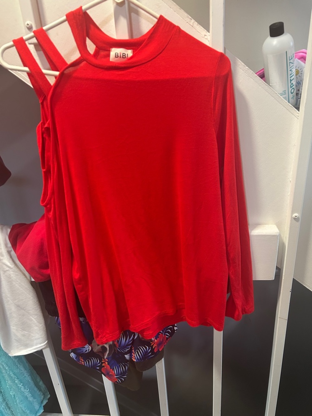 BiBi Red Cold-Shoulder Long Sleeve Top